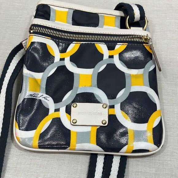 Michael Kors Handbags - Michael Kors blue/white/gray/yellow crossbody bag with some wear as shown
